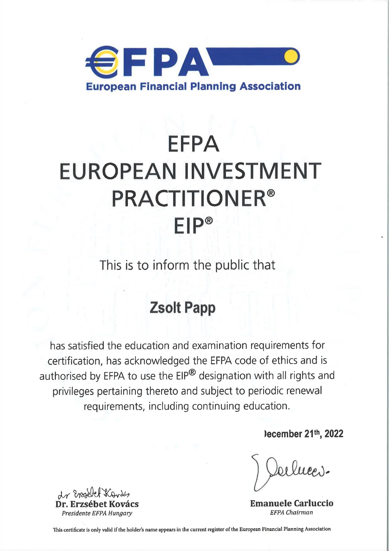 EFPA European Investment Practitioner EIP minősítés, 2022